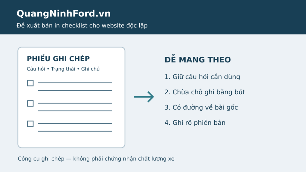 Minh họa phiếu ghi chép và bốn nguyên tắc thiết kế bản in checklist cho QuangNinhFord.vn